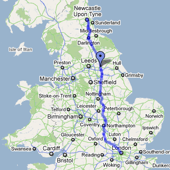 Map  showing Newcastle to London route