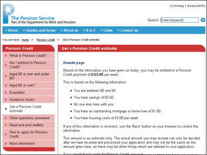 Screen shot of the Pensions Credit Estimator