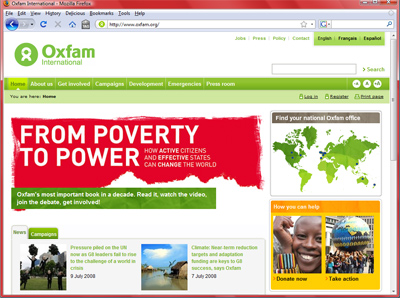 Screenshot of the new Oxfam site